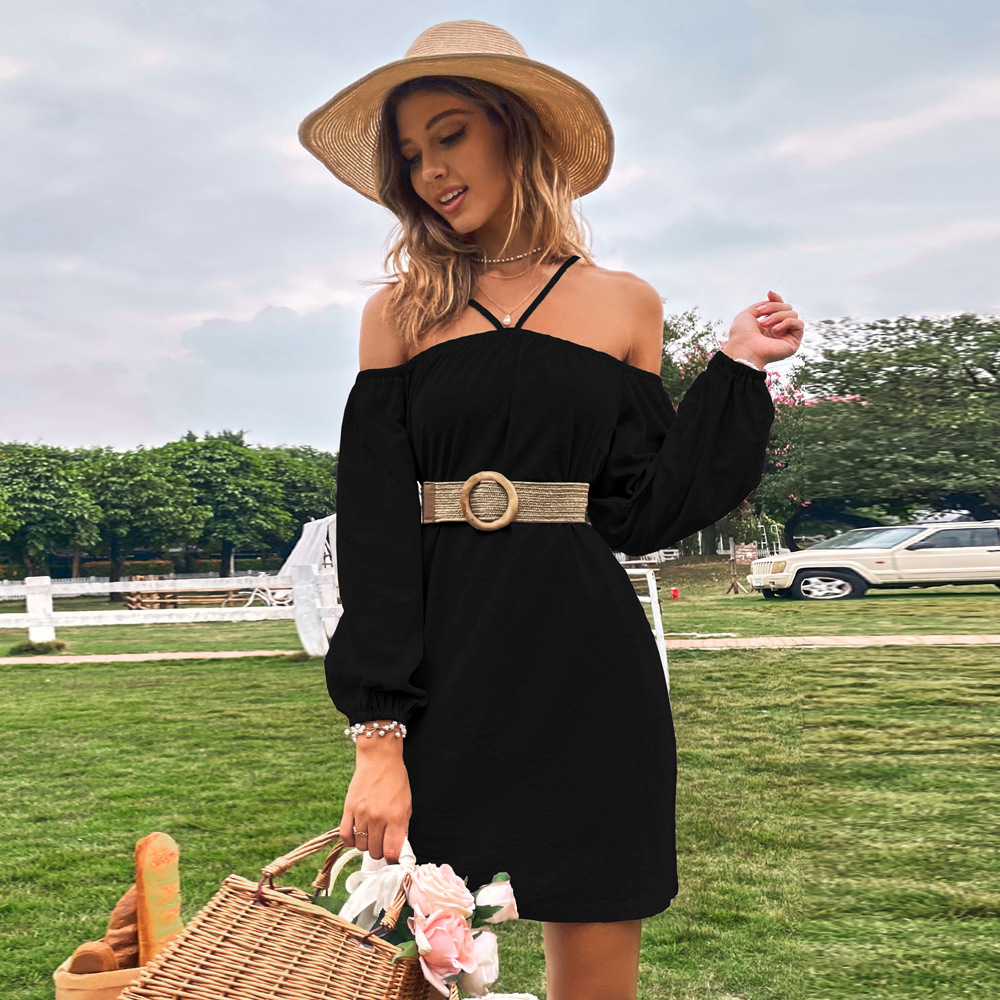 2023 frühjahr/Sommer Neue frauen Eingewickelt Brust Lose Beiläufige Kurze Kleid Off Schulter Gurt Langarm Kleid_voghion.com