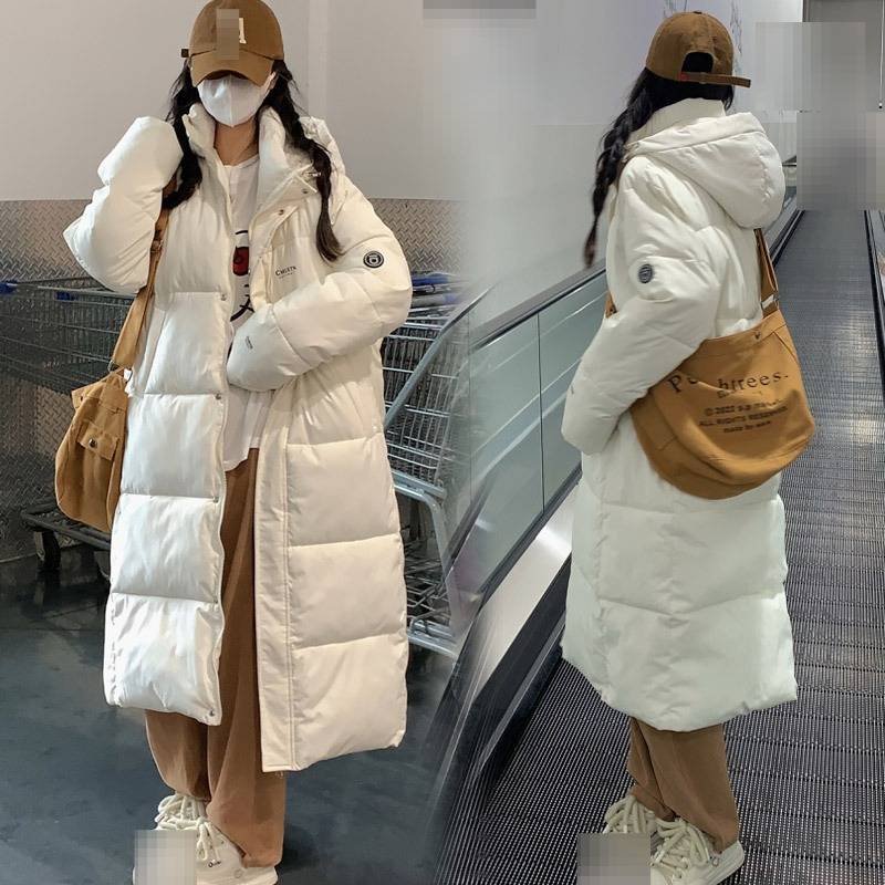 ​​Women's Extra-Long Winter Coat With Polyester Filling, Knee-Length Oversized Hooded Parka, Unisex Loose Fit, Korean Streetwear Style​​