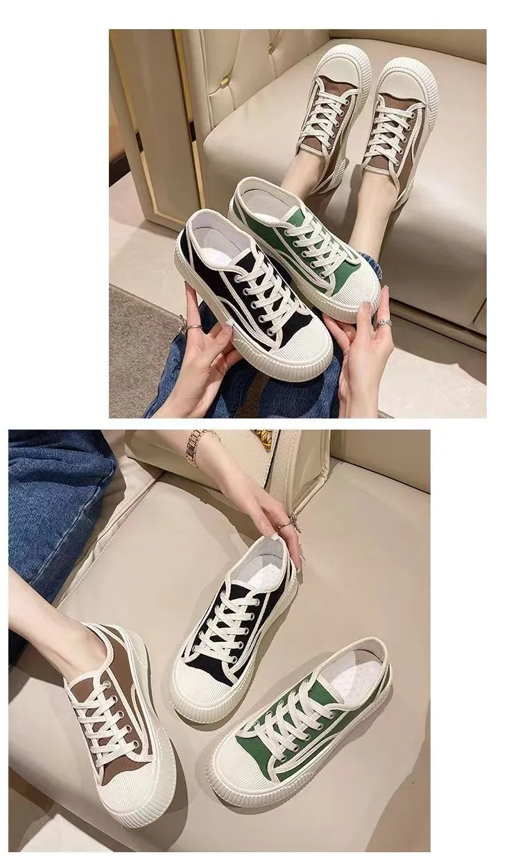 Suola spessa, testa rotonda, tela, motivo a quadri, traspirante, alla moda, casual, confortevole, antiscivolo, resistente all'usura._voghion.com