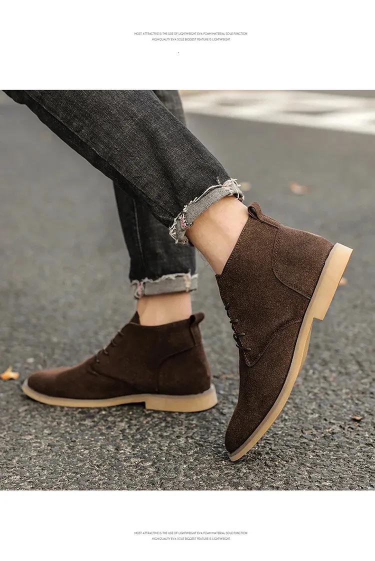 Chaussures en cuir suédé kaki de Style britannique bottines en dentelle confortables hommes Botas Para Hombre 250425_voghion.com