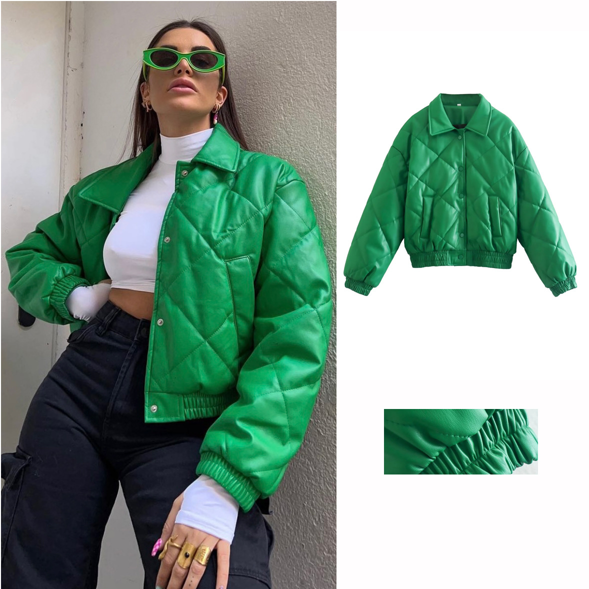 Vêtements pour femmes automne nouveau style vert PU cuir coton manteau court veste haut