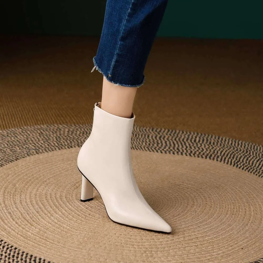 Cow Leather Pointed Toe High Heels Zipper Modern Warm Winter Shoes Concise Fashion Solid Elegant Ankle Boots_voghion.com