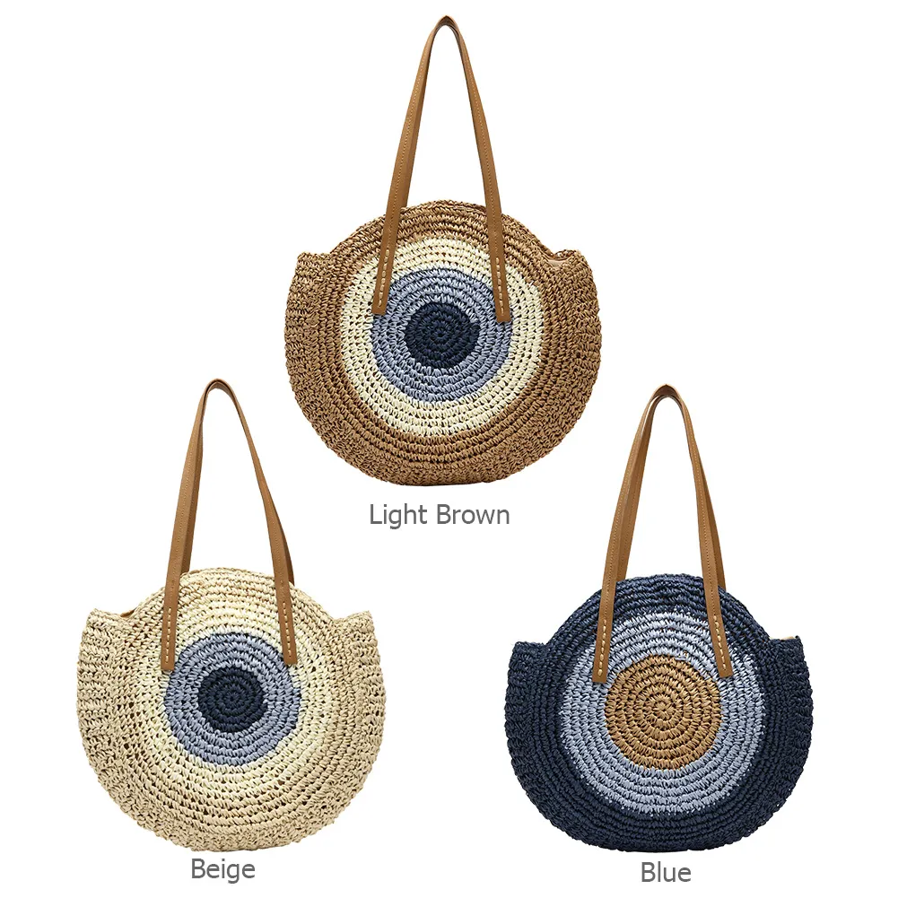Borsa a tracolla rotonda estiva da donna in rattan intrecciato, in paglia, fatta a mano, da spiaggia, per la spesa, con manico superiore_voghion.com