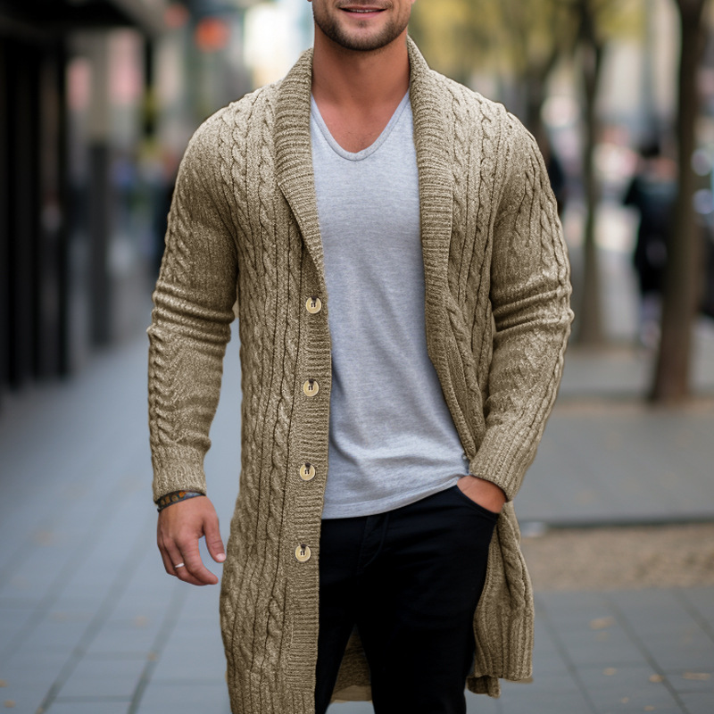 Pull mi-long en maille pour homme avec cardigan torsadé à aiguille épaisse et veste en laine SY0107_voghion.com