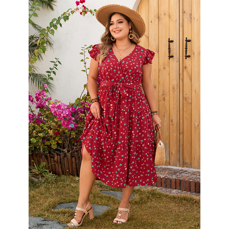 Damklänning plus size röd med tryck och spets ärmlös lång kjol_voghion.com