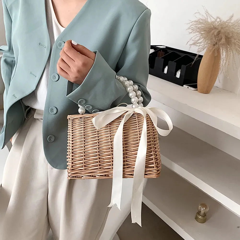 Damen Stroh und Handtaschen Sommer Rattan Handgemachte Tragetaschen Damen Bänder Sommer Strandkorb Perlen Reisetasche_voghion.com