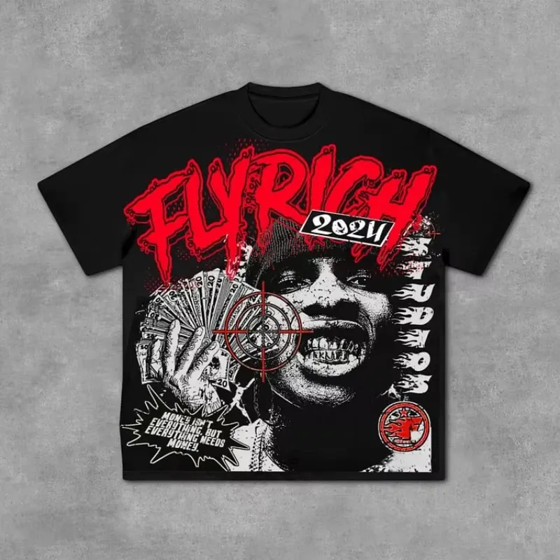 Men's T Shirts Fly Rich Abstract Human Face Graphic Cotton T-Shirt Men Y2K Summer Short Sleeves Oversize Tshirt_voghion.com