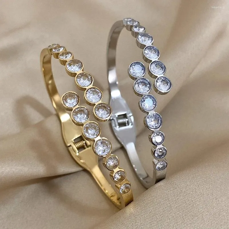 Pulsera de acero inoxidable con incrustaciones de circonita y cuentas redondas para mujer, brazalete de color dorado y plateado_voghion.com