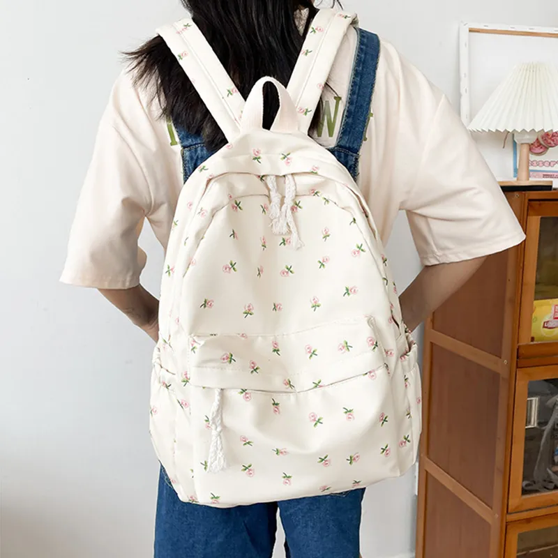 Korean Version Nylon Floral Flower Fashion Junior High School Backpack Travel Bag_voghion.com