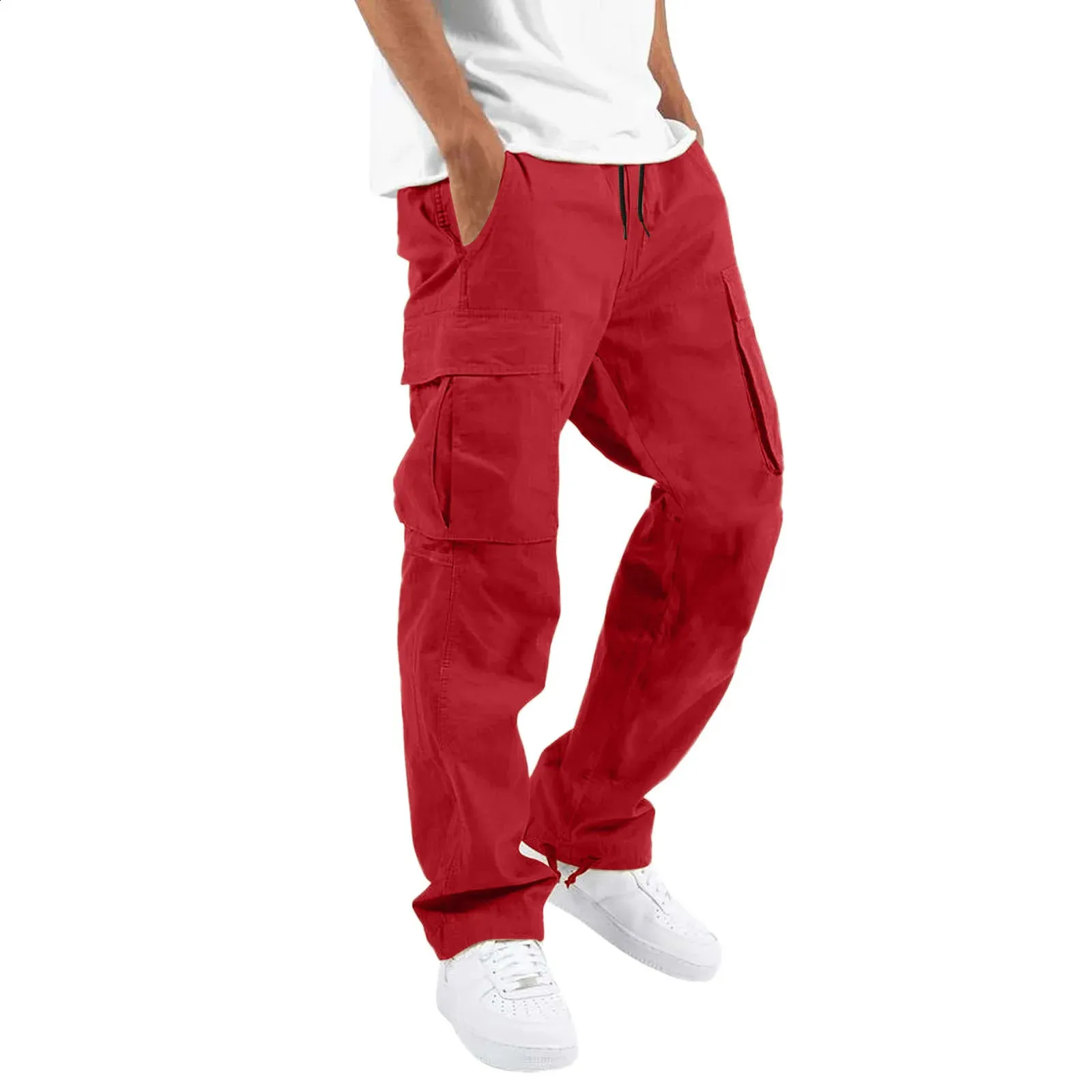 Calças para homens comprimento total cor sólida solta vários bolsos bolsos com cordão calças cargo masculinas 3XL 240813_voghion.com
