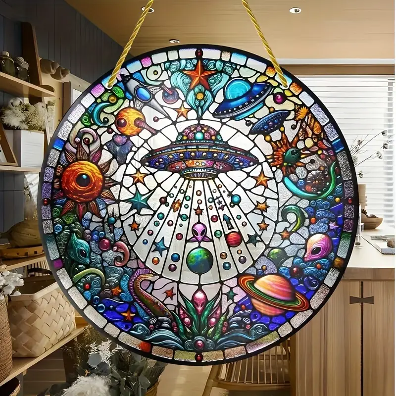 8x8in UFO & Alien Suncatcher - Whimsical Acrylic Wall Art For Home & Office - Unique Sci-Fi Gift For Indoor/Outdoor Decor_voghion.com