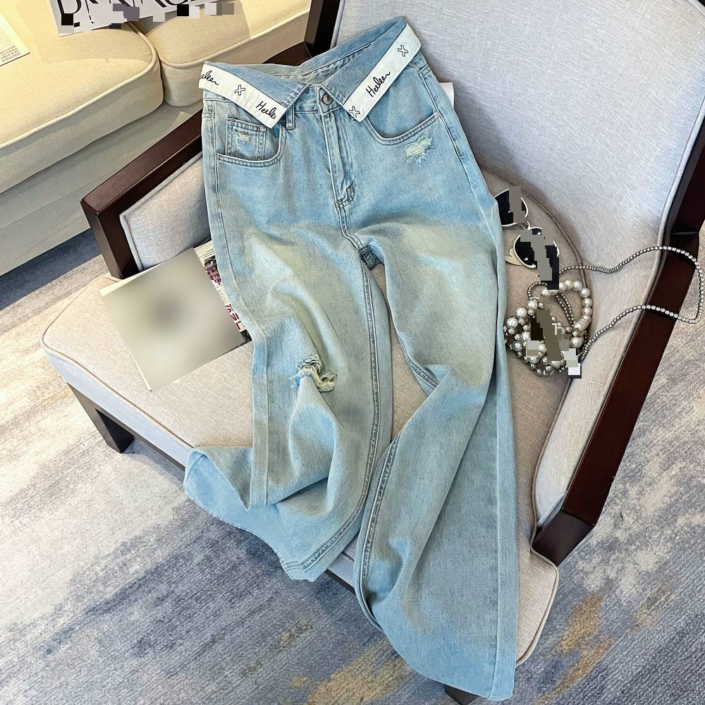 Women's Clothing Real Shot Of Summer Thin Design Style Cuff Letter Waist High Waist Loose Slim Denim Trousers Wide Leg Pants
