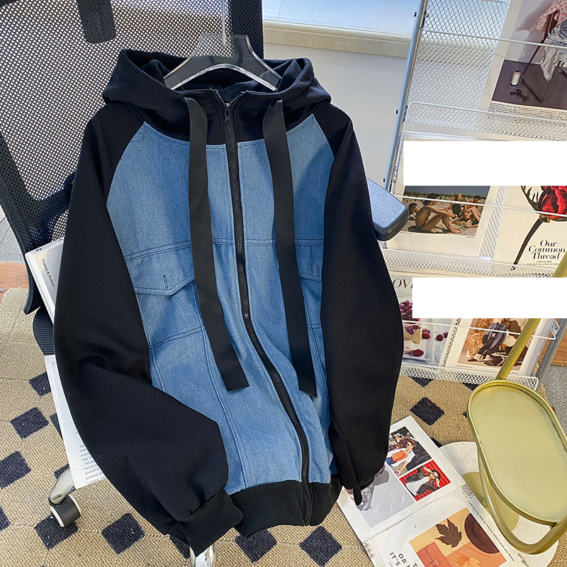 Ropa de mujer Chaqueta casual de retazos de mezclilla para mujer Suéter con capucha tipo cárdigan holgado de talla grande y diseño fino de primavera y otoño para mujer