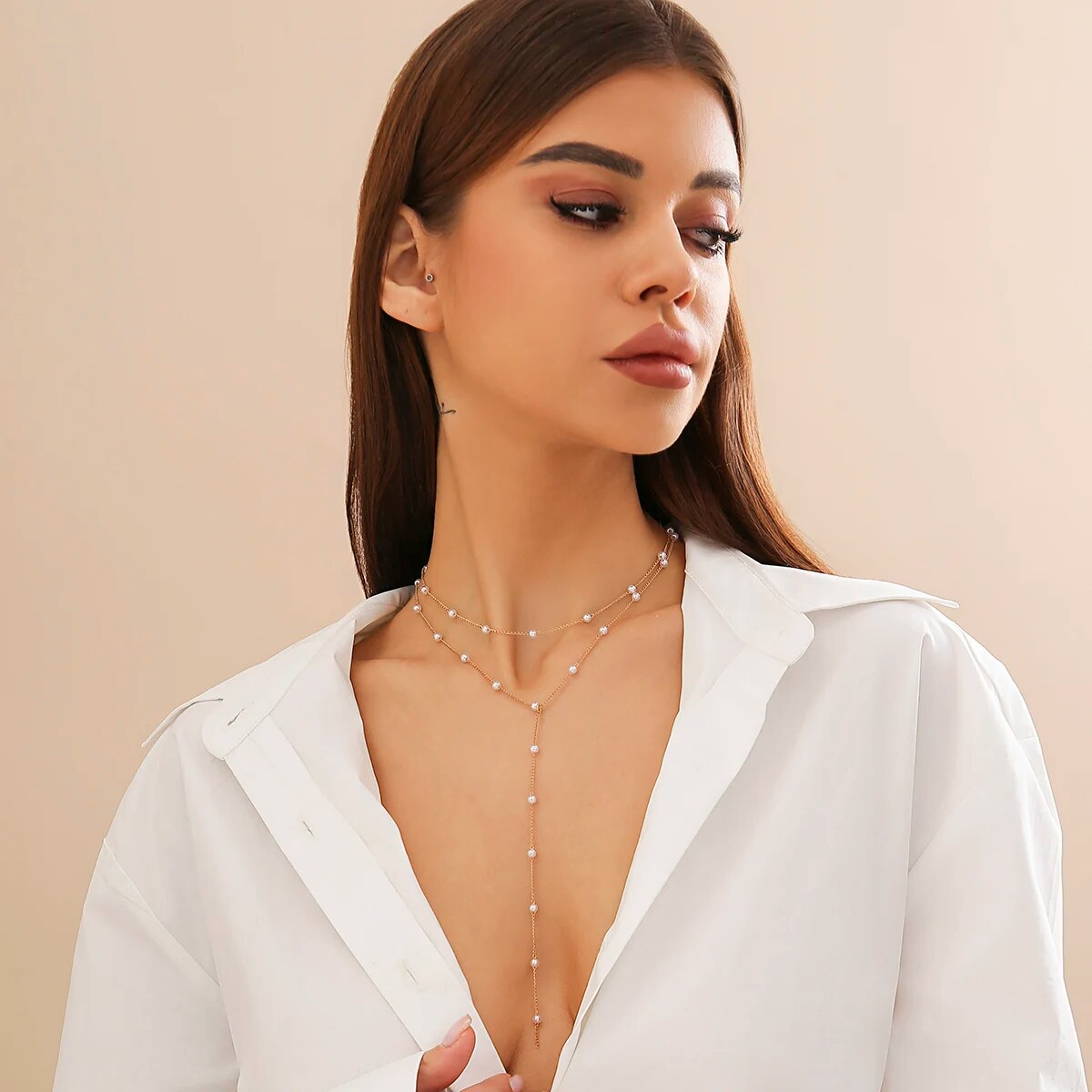 IngeSight.Z Vintage Doppio strato Perla Lunga Collana Girocollo per Donna Punk Oro Colore Catena Petto_voghion.com