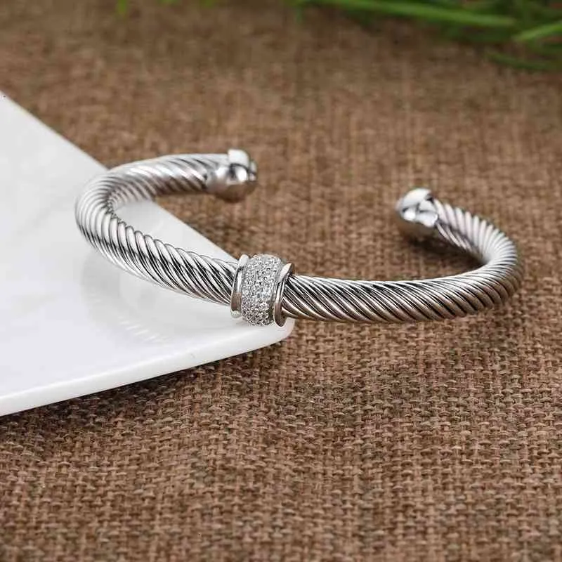 Cable Bangle Bracelet With Zircon For Women Silver Classics_voghion.com