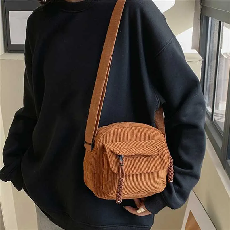 Crossbody Shoulder Bag Corduroy Small Square Casual Commuting_voghion.com