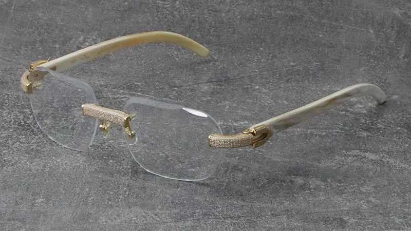 2022 Nuovo Nero Mix Bianco Montature in Corno di Bufalo Occhiali da Sole in Legno Senza Montatura con Diamanti incastonati Occhiali da Uomo Donna con Decorazione C Rocce_voghion.com