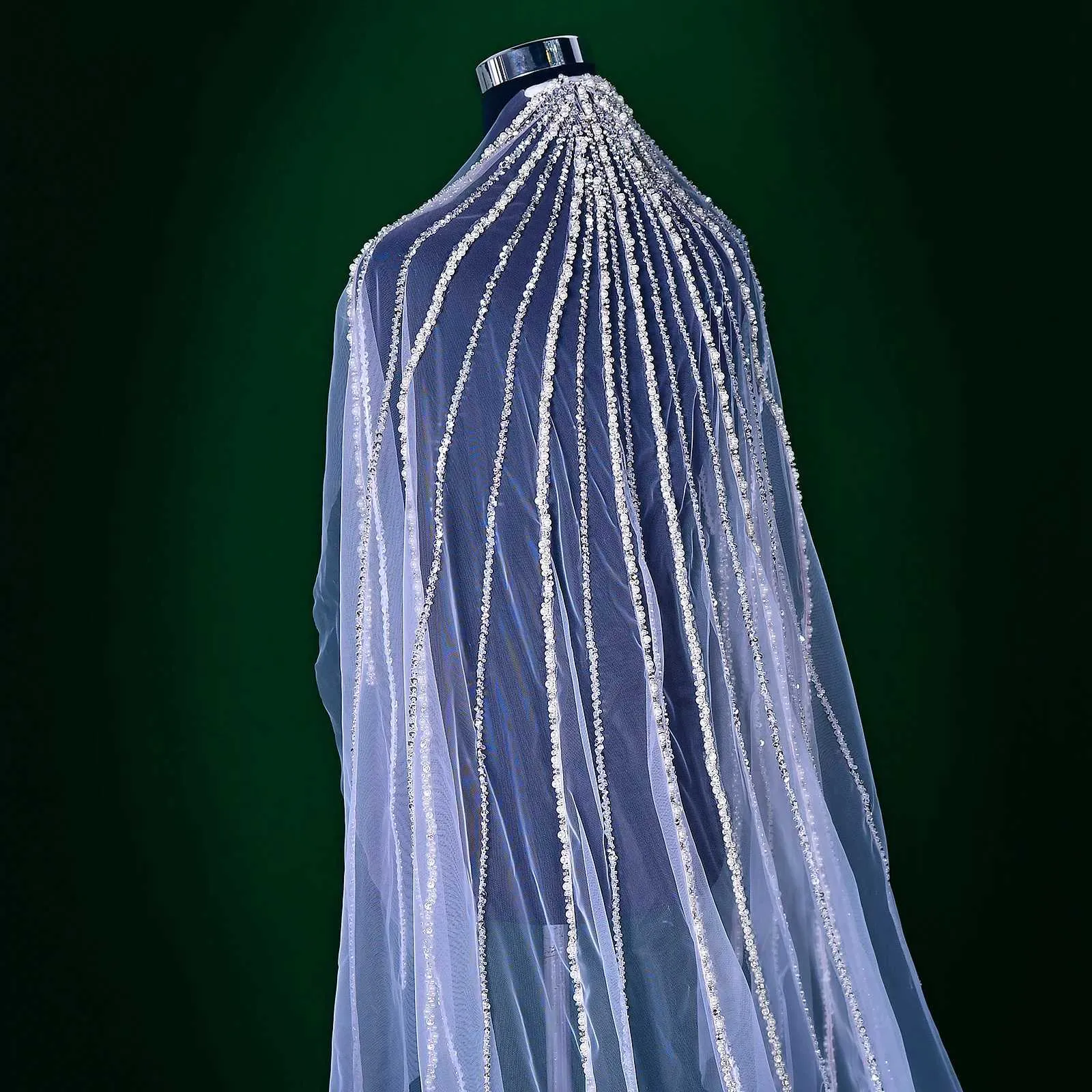 Velo da cattedrale con perline di cristallo, 1 strato, argento, tulle con perline, accessori da sposa bianchi per la sposa_voghion.com