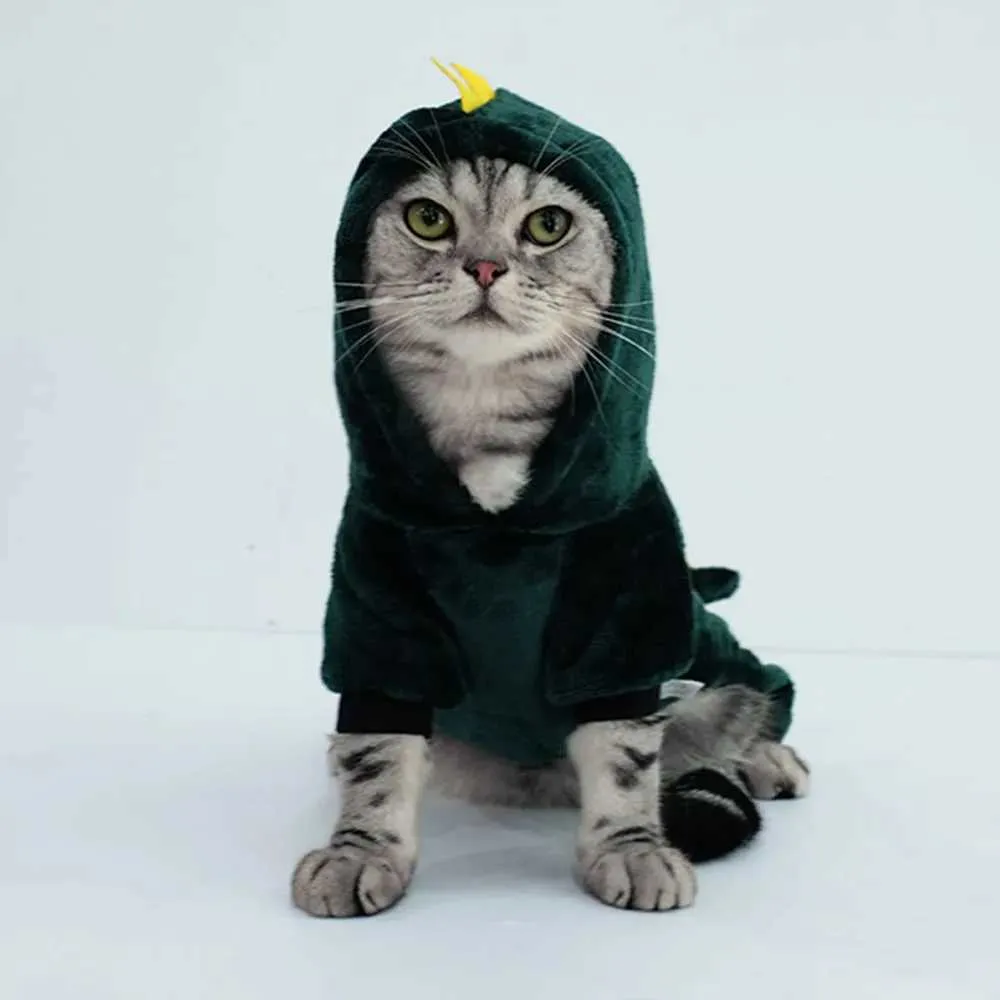 Felpe con cappuccio di dinosauro di Halloween Giacca calda per cani di piccola taglia Costume di Natale per gatti Vestiti per animali domestici per cuccioli Gattino Verde_voghion.com