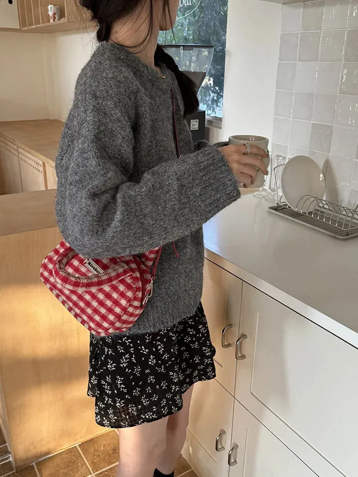 Xiuya Vintage Süße Handtasche für Damen Rot Kariert Buchstaben Weiche Kawaii Crossbody Herbst Winter Schultertasche 240816_voghion.com