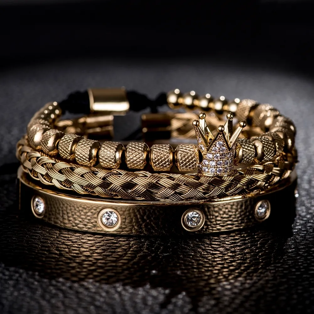 3 stk/sett Micro Pave CZ Crown Roman Royal Charm Men Armbånd Rustfritt stål Krystaller Armbånd Par Håndlagde smykker_voghion.com