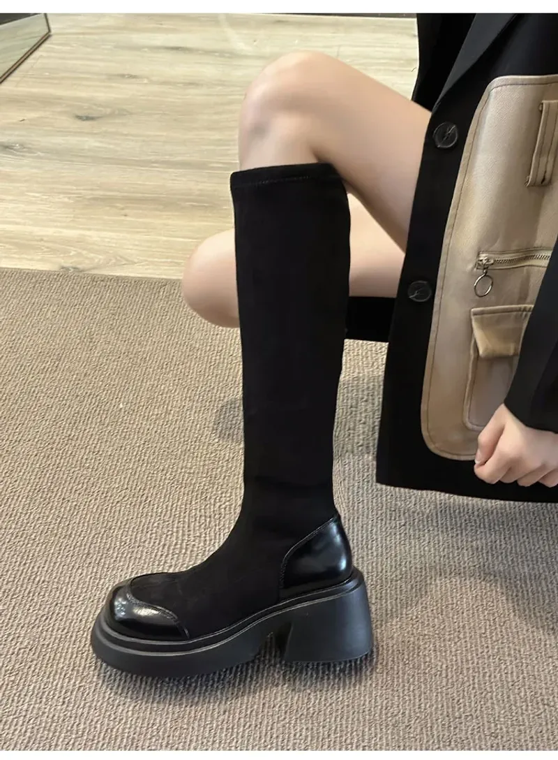 Women Platform Ankle Autumn Winter New Slip on Chunky Goth Boots Woman Thick Soled Short Booties Female Elastic Sock_voghion.com