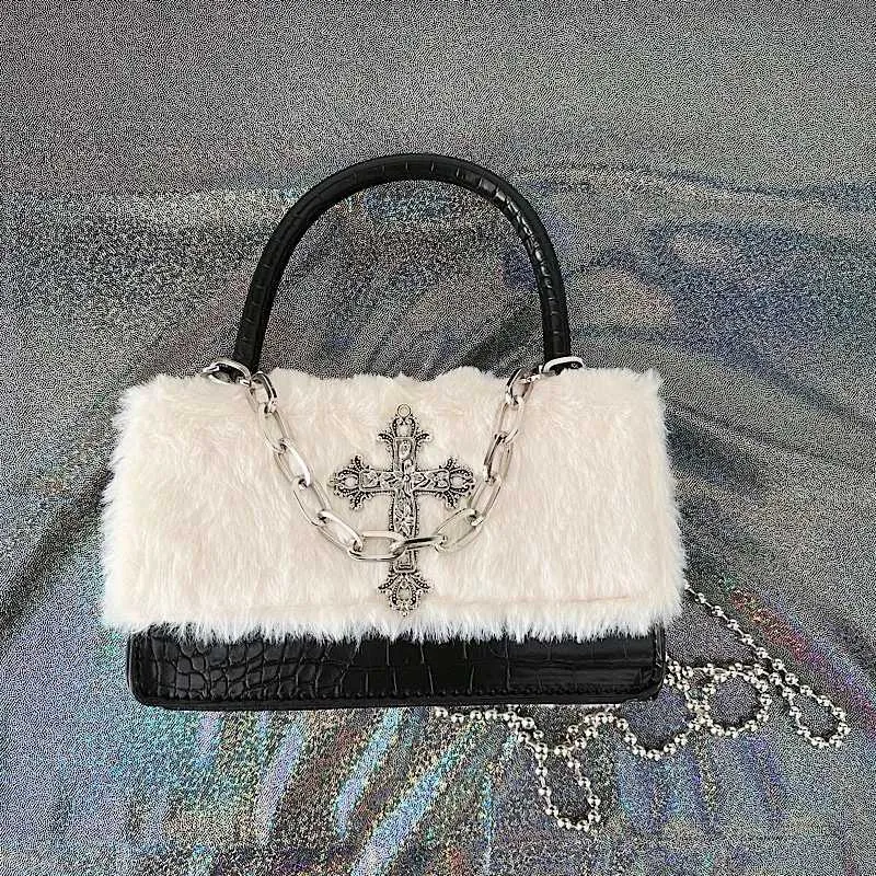 Quick view list Y2k Gothic Handbag for Women Soft Plush Cross Applique Chain Shoulder Hot Girls Hip Hop American Style_voghion.com