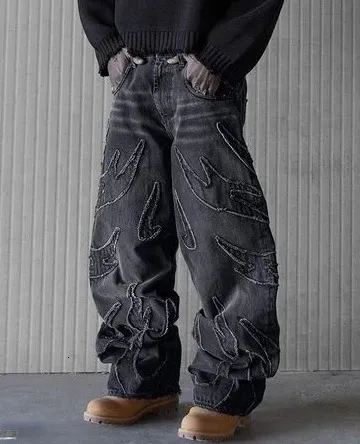 Laukkufarkut miehille Y2k Hip Hop Distressed Retro Mustat Housut Ylimitoitettu Brodeerattu Haruku Gothic Leveälahkeiset housut_voghion.com