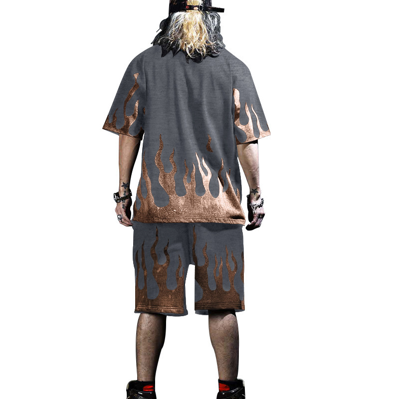Nowy letni męski zestaw spodenek sportowych z krótkim rękawem z nadrukiem Flame Series_voghion.com