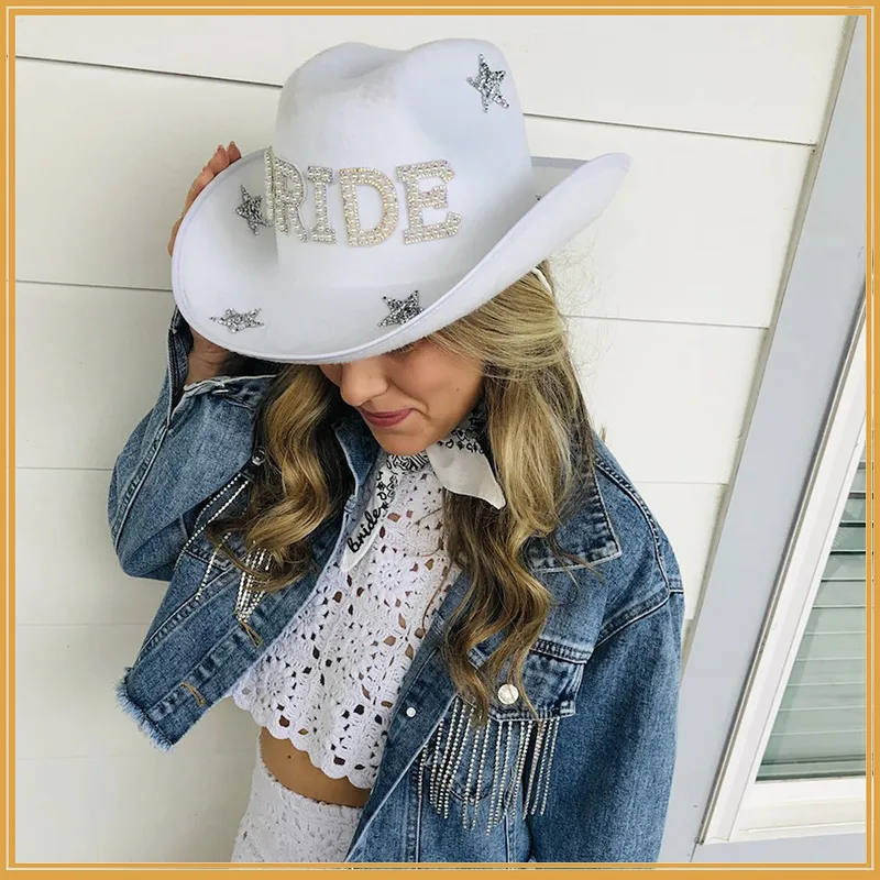 Chapeaux à large bord blanc Dia Fringe Bride Cowgirl Hat Mme Cowboy Bridesmaid Gift Bridal Summer Country Western HatWide_voghion.com