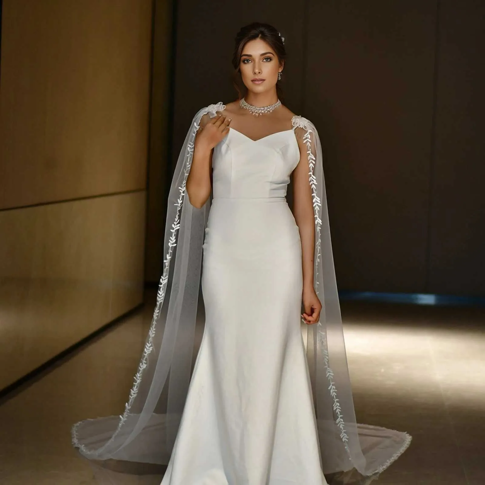 Gioielli per capelli Donna MZB26 Velo velato da cattedrale Mantello Avvolgente da sposa in pizzo floreale Elegante scialle da sposa con mantello lungo a foglie_voghion.com