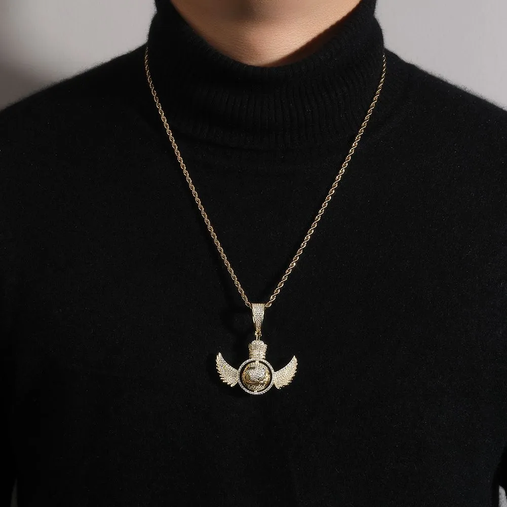 Hip Hop Engelsflügel drehen den Globus Anhänger Halskette voller 5A Zirkon echt vergoldet Schmuck_voghion.com