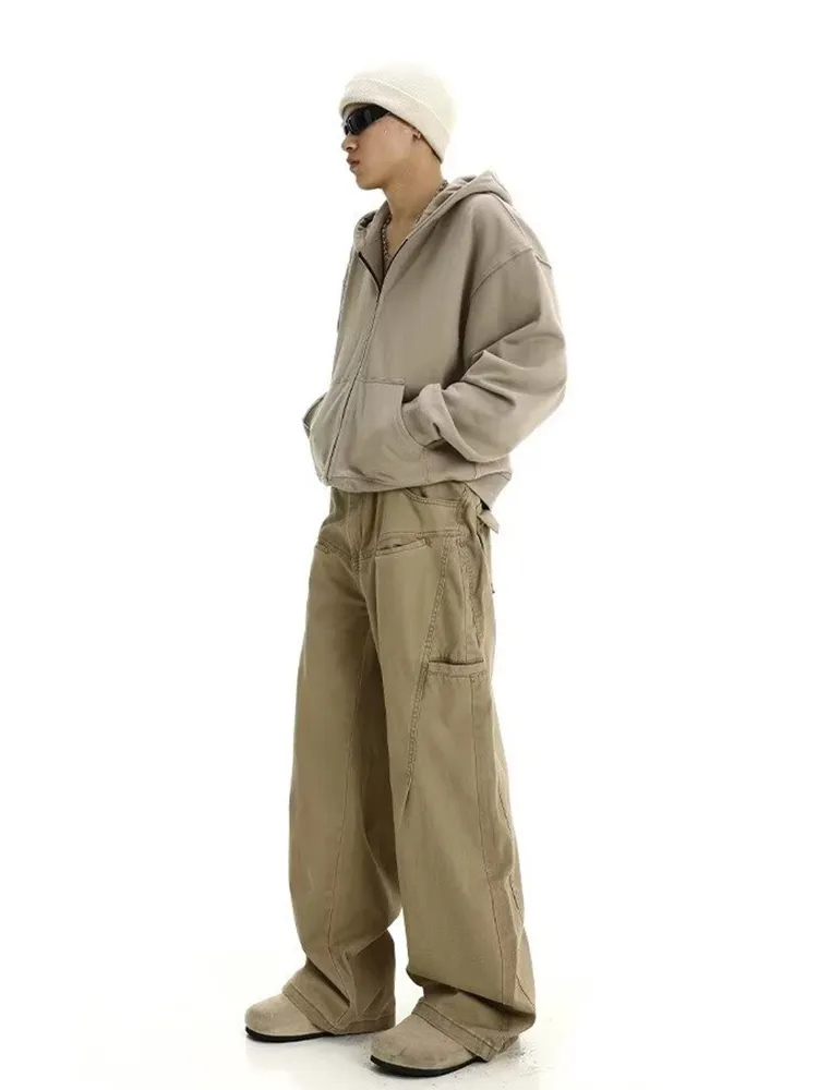 Pantaloni da uomo American Vintage pantaloni cargo a gamba larga da uomo a vita alta tinta unita tasche multiple jogging primavera larghi_voghion.com