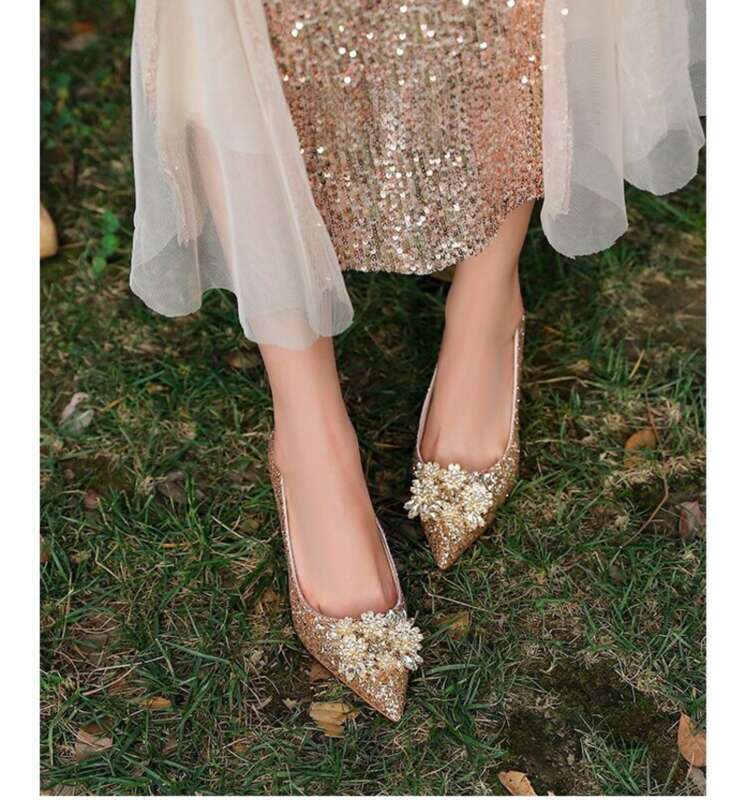 Wedding High Heels,Two Pairs Of Crystal Bridal Shoes,Women's New Champagne Color Rhinestone_voghion.com