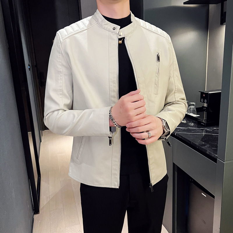Men's Leather Jacket Slim Fit Biker Style With Zip Cuff Detail_voghion.com