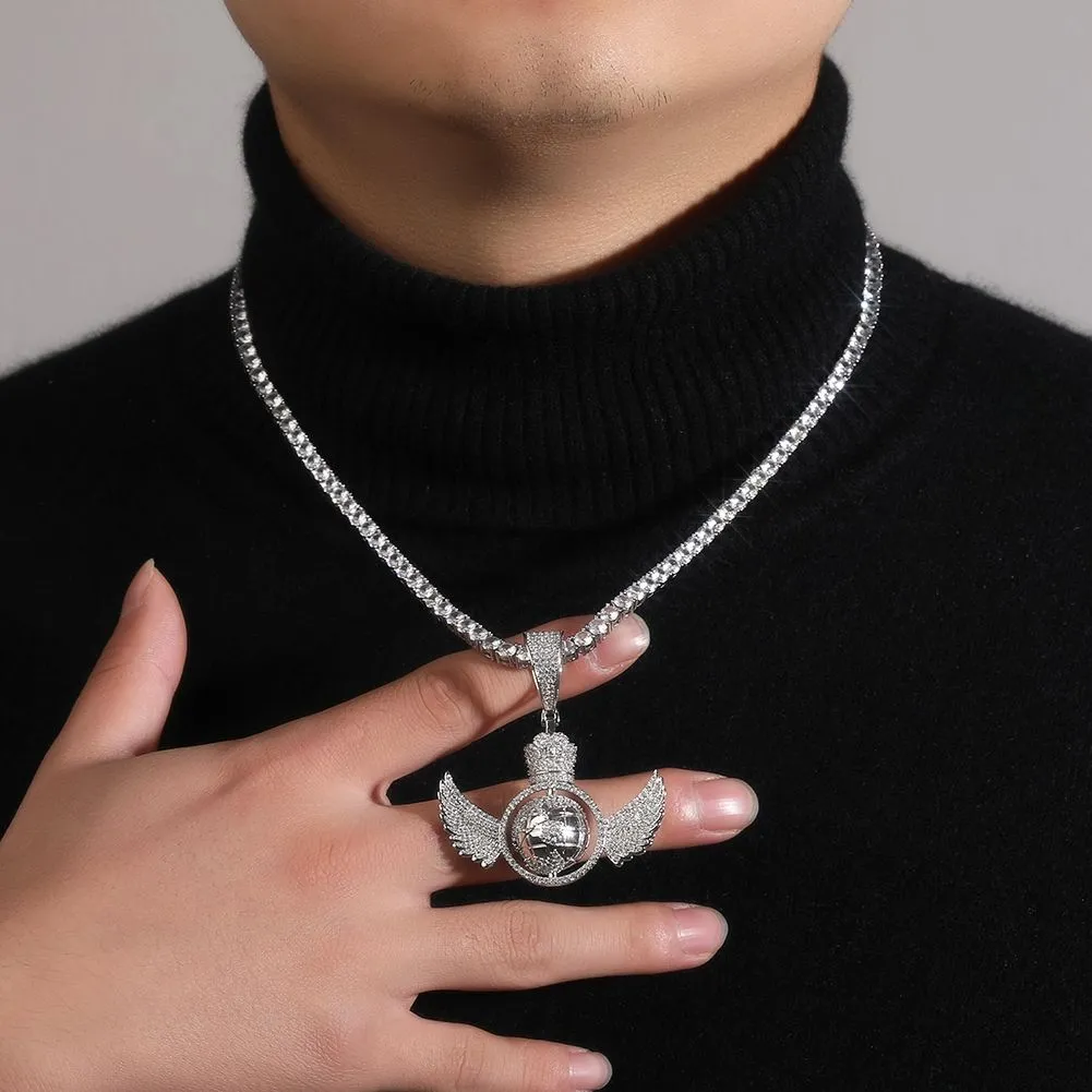 Hip Hop Engelsflügel drehen den Globus Anhänger Halskette voller 5A Zirkon echt vergoldet Schmuck_voghion.com