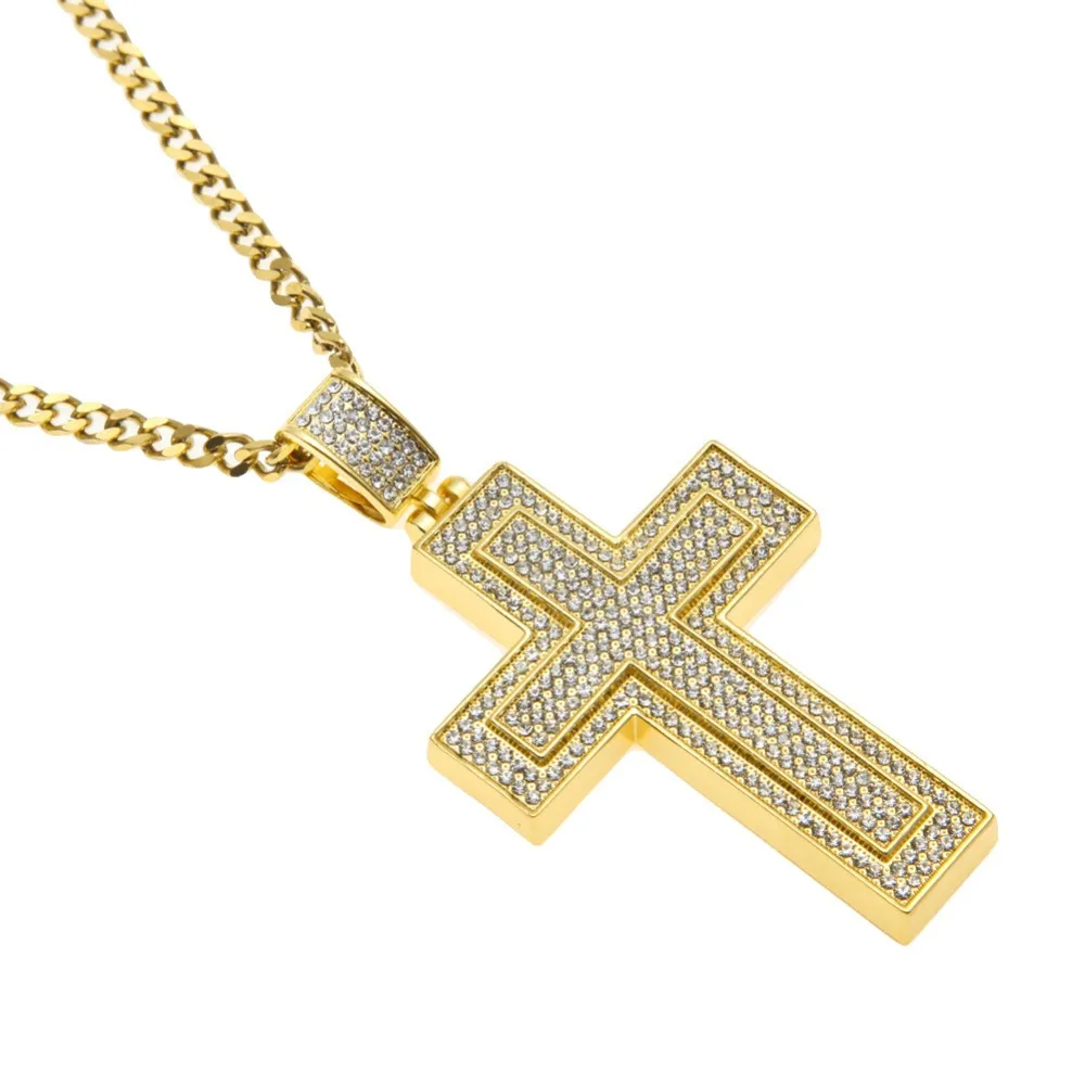 Gold Cross Pendant Necklace With Cuban Link Chain For Men_voghion.com