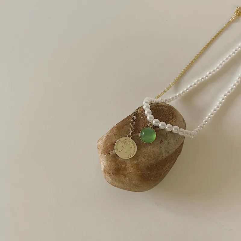 Hängshalsband 2 st/set Guldfärgad Pärla Mynt Grön Opal Halsband För Kvinnor Gotisk Kedja Dubbelskiktad Boho Halsband_voghion.com