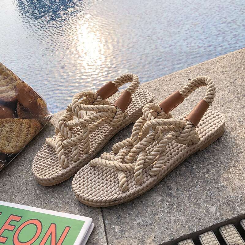 Dames touw gevlochten strand sandalen platte schoenen_voghion.com