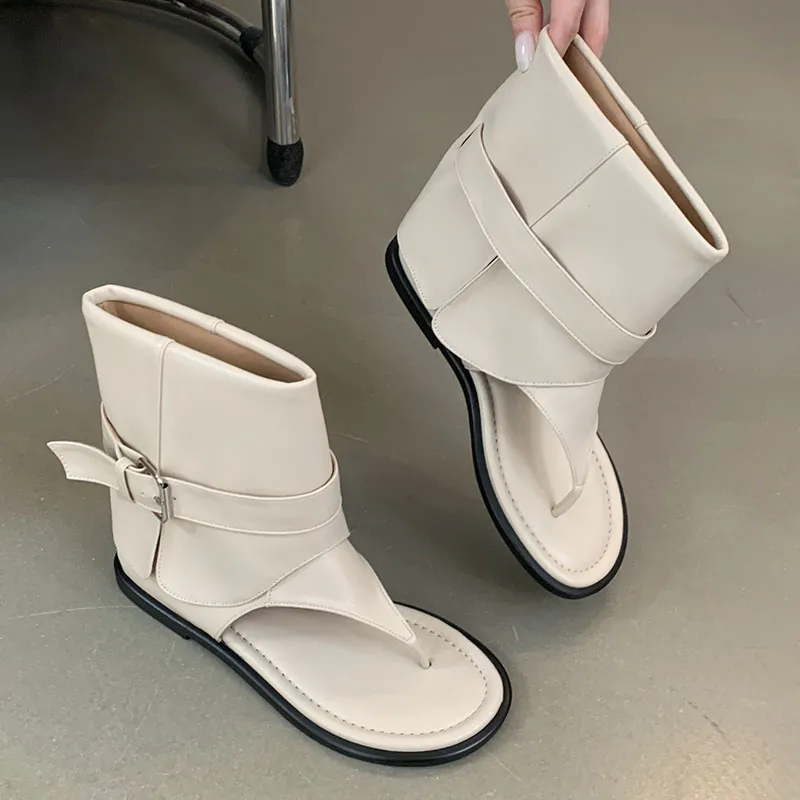 Weibliche Slip-On-Schuhe Wohnungen mit Frauen Ankle Flip Ps Mode Runde Kappe Damen Sandalen Stretch Stiefel Schuhe 2024_voghion.com