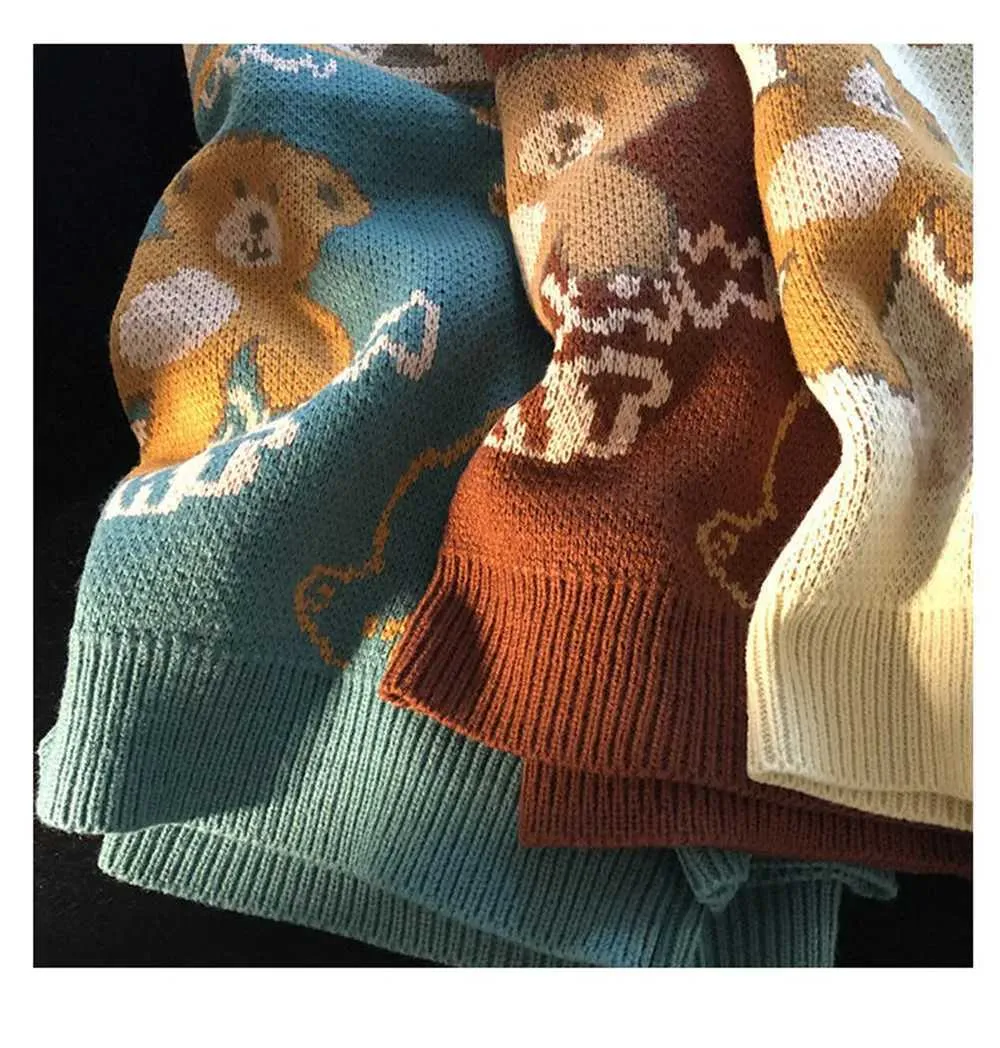 Niedlicher Bär Übergroßer Herren High Street Stricktop Herbstpullover Lose Haruku Kawaii Weiß Damen Paarpullover_voghion.com