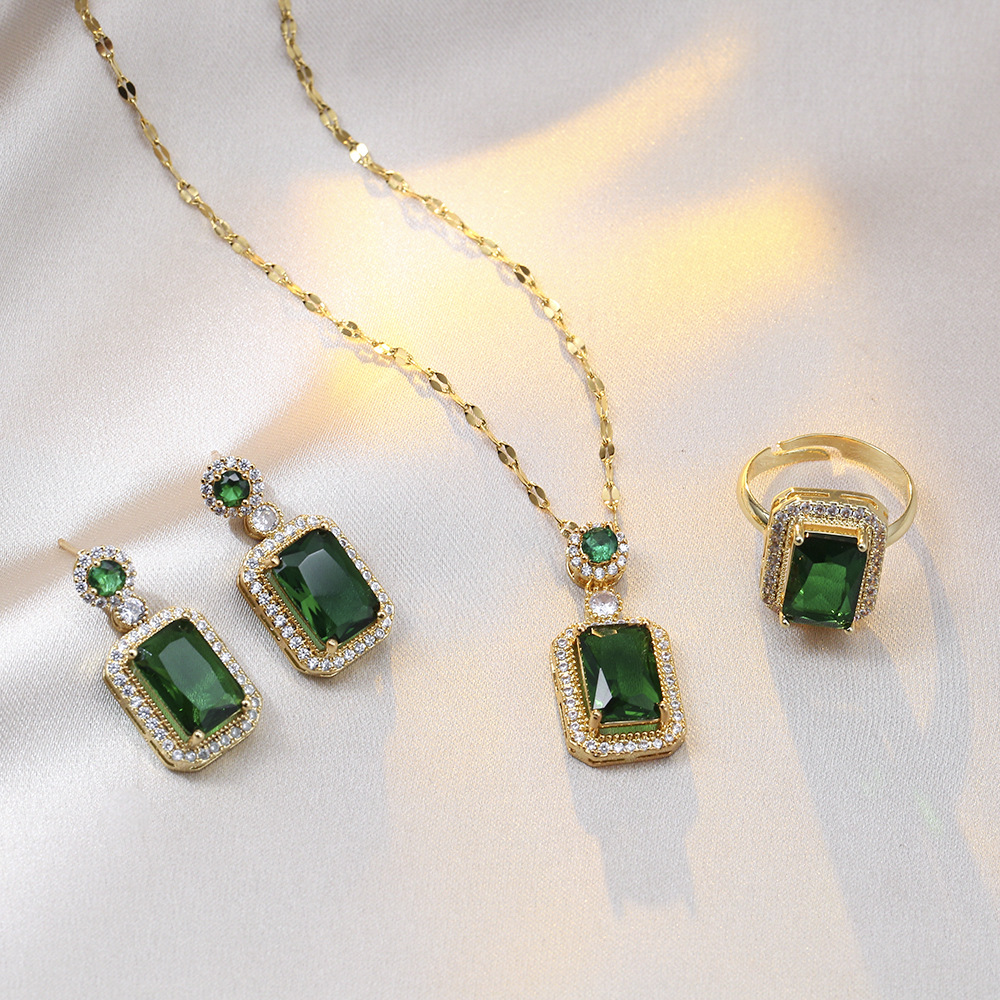 Women's Necklace Japanese and Korean Style Internet Celebrant Emerald Zircon Niche Earrings Pendant suit Color-free Titanium Steel Clavicle Chain Wome