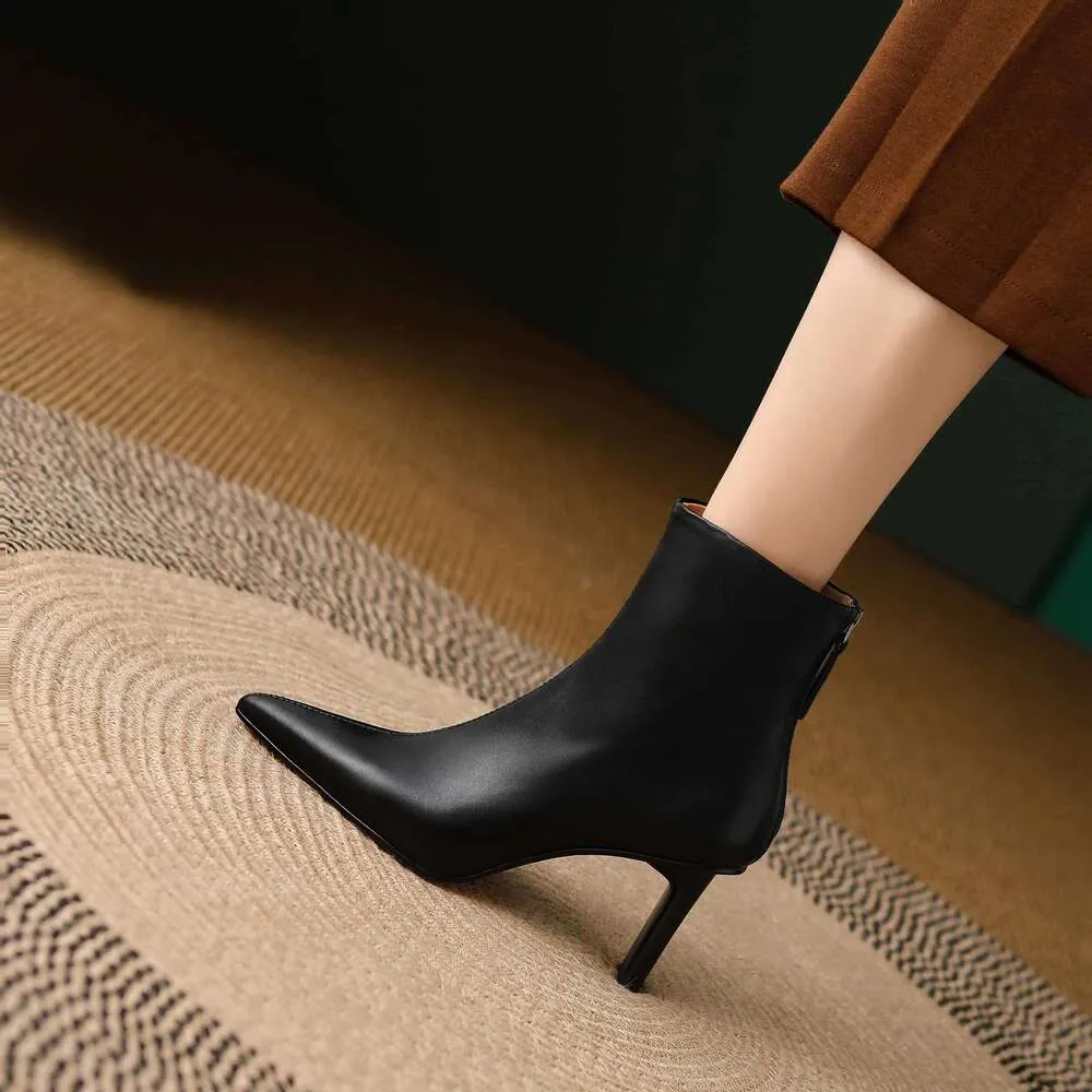 Cow Leather Pointed Toe High Heels Zipper Modern Warm Winter Shoes Concise Fashion Solid Elegant Ankle Boots_voghion.com