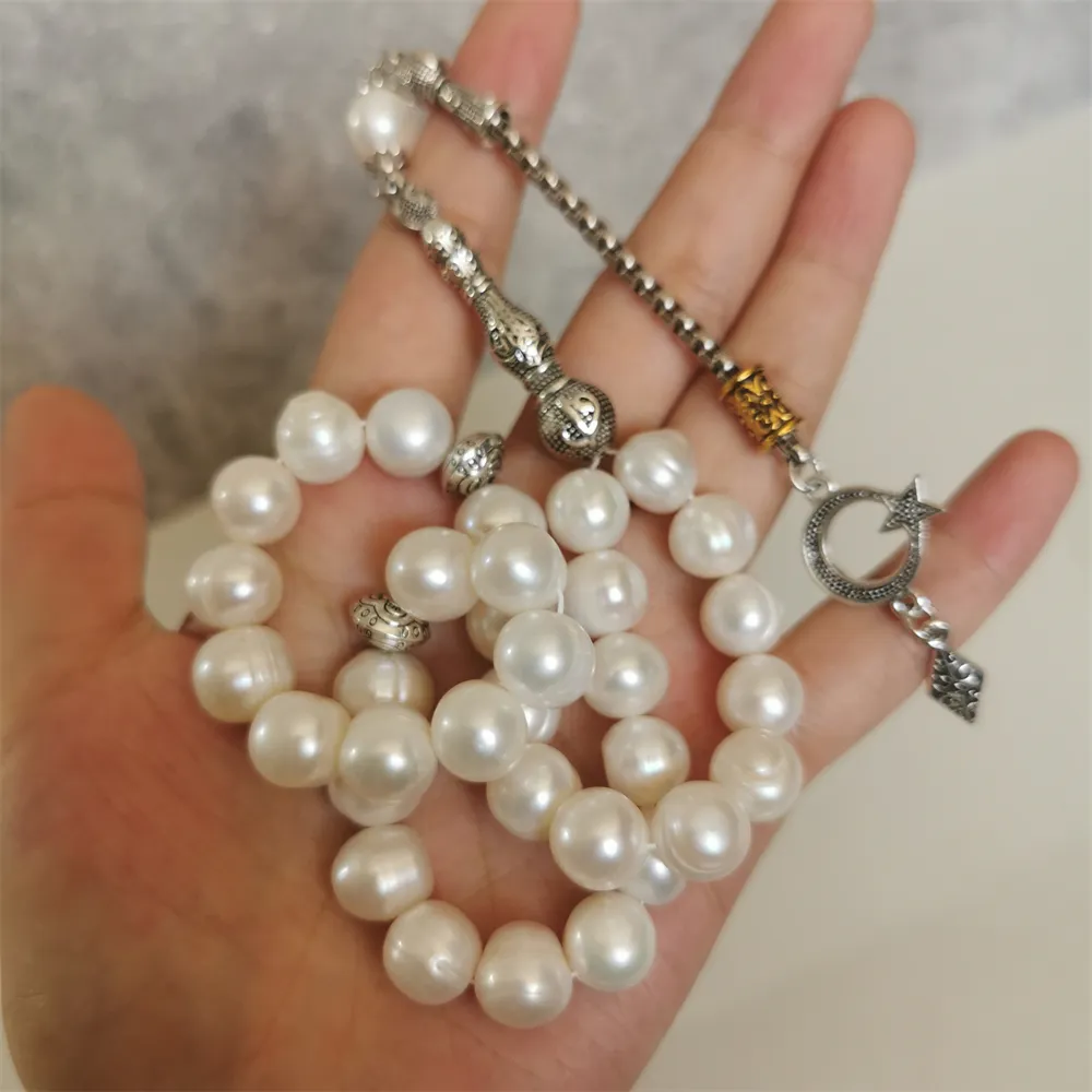 Strand islámský růženec náhrdelník 11-12mm velikost přírodní sladkovodní perla muslimské modlitební korálky tasbih misbaha subha svatba_voghion.com