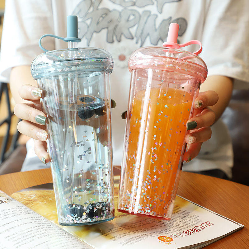 320 ml Glitzer-Wasserflasche, doppelschichtiger Becher mit Strohhalm, Wasserflaschen für Mädchen, Bubble Tea Cup, Trinkgeschirr, auslaufsichere Becher_voghion.com