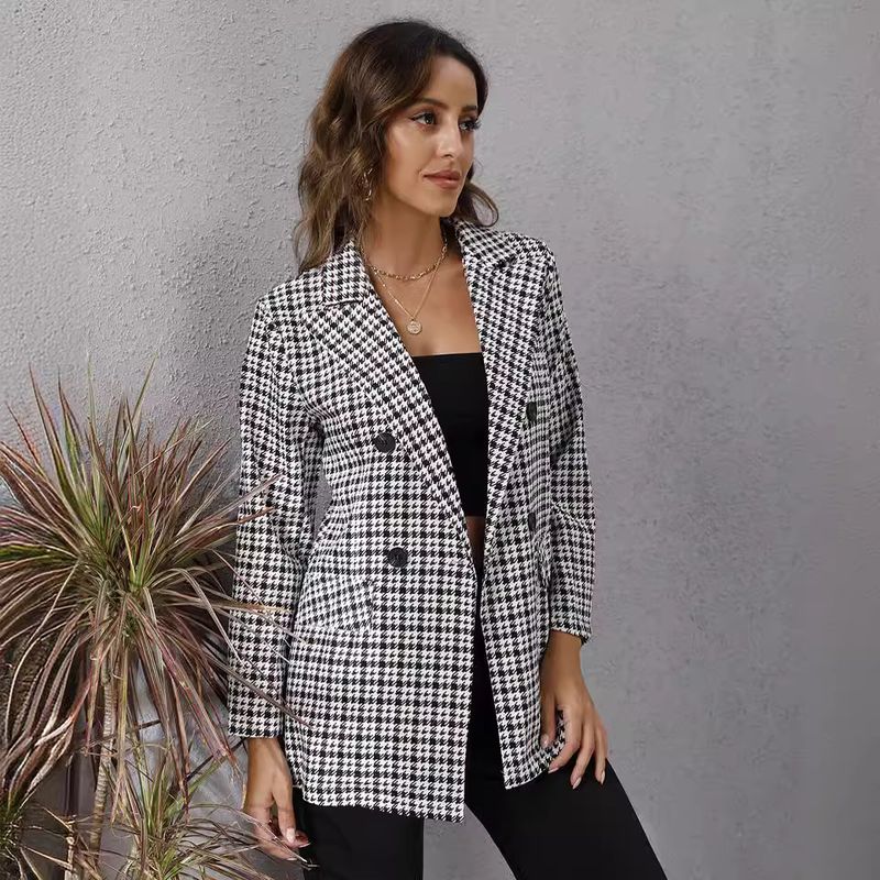 Veste à manches longues à revers pied-de-poule pour femme_voghion.com
