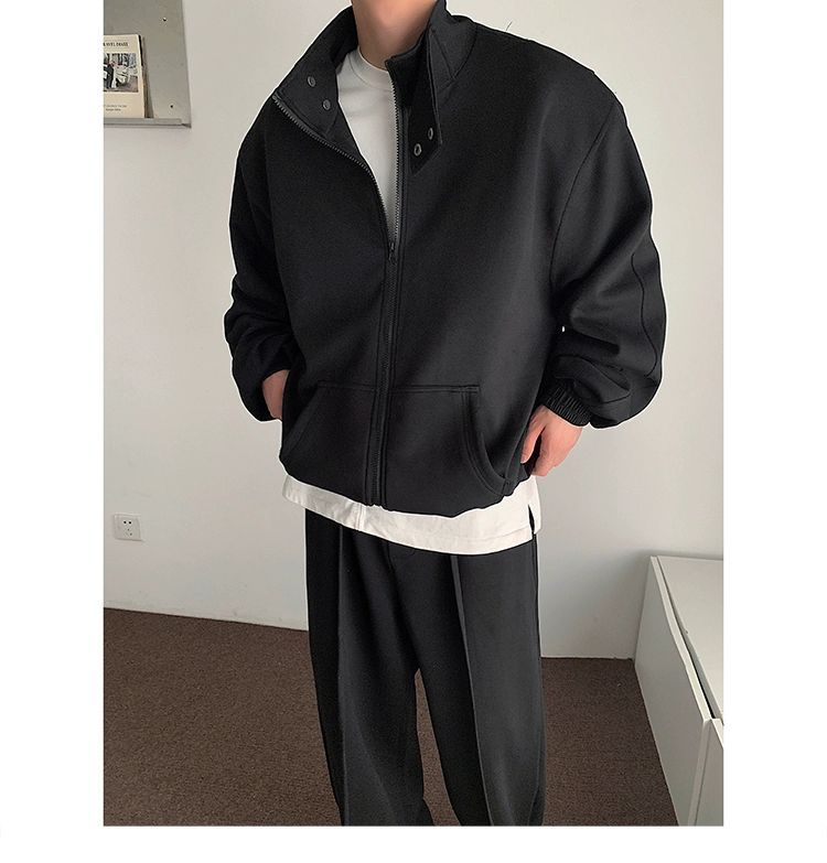 Vêtements pour hommes, col montant ample, épaulettes, cardigan, sweat-shirt, veste, costume de sport décontracté pour hommes, pantalon de survêtement ample, ensemble tendance deux pièces_voghion.com