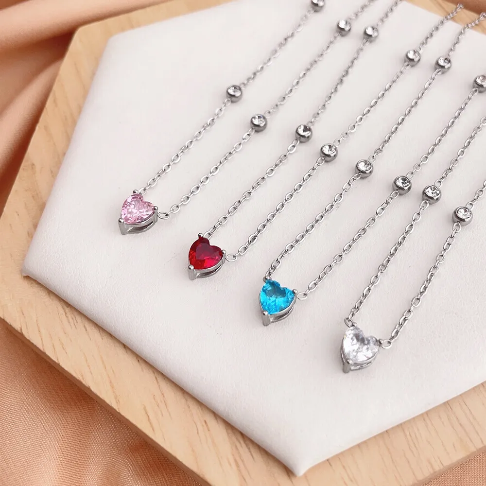 Colliers pendentifs en acier inoxydable couleur or avec cœur et strass pour femmes, bijoux tendance en cristal bleu_voghion.com