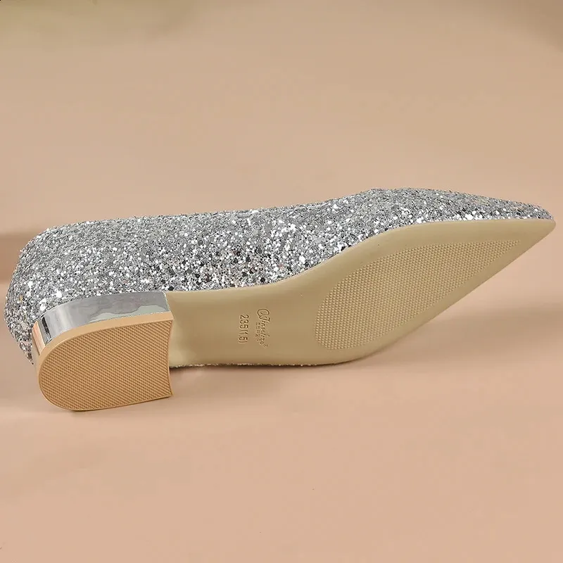 Sier Lage Hakken Pumps Vrouwen Herfst Glanzende Pailletten Puntige Teen Feest Vrouw Plus Size Eenvoudige Dikke Hak Dames Schoenen_voghion.com