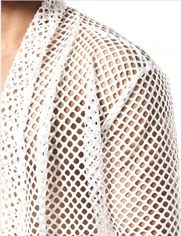 Herren-Übergröße, Schalkragen, Cut-Out, lange Strickjacke, Netzstoff, durchsichtig, Langarmshirt_voghion.com